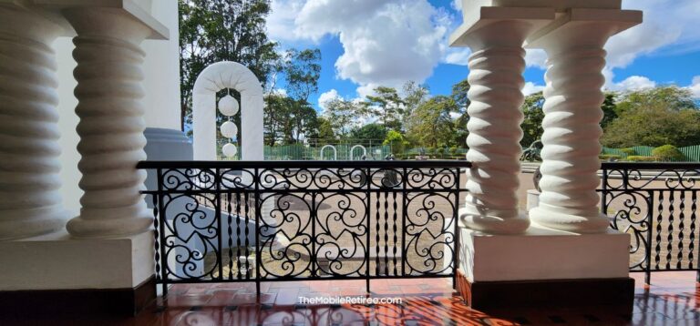 View of garden through the railing at the museum