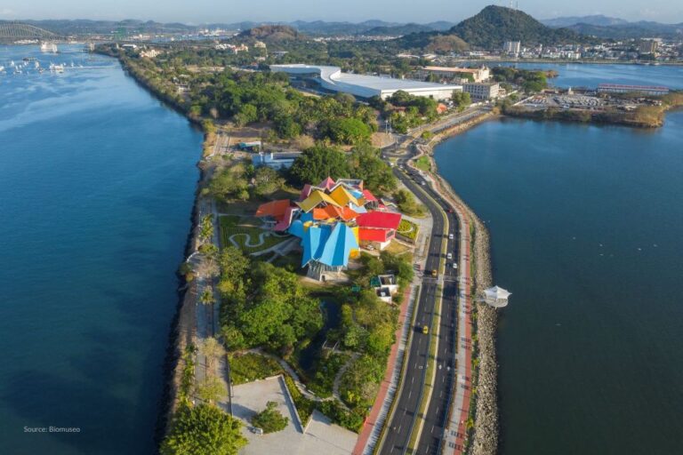 aerial picture of the Biomuseo in Panama City, Panama