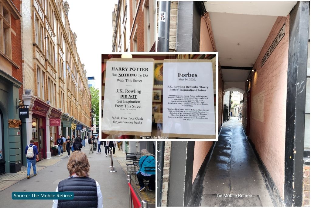 two pictures of the alleys that were NOT inspiration for Harry Potter but included on the Harry Potter walking tour of london