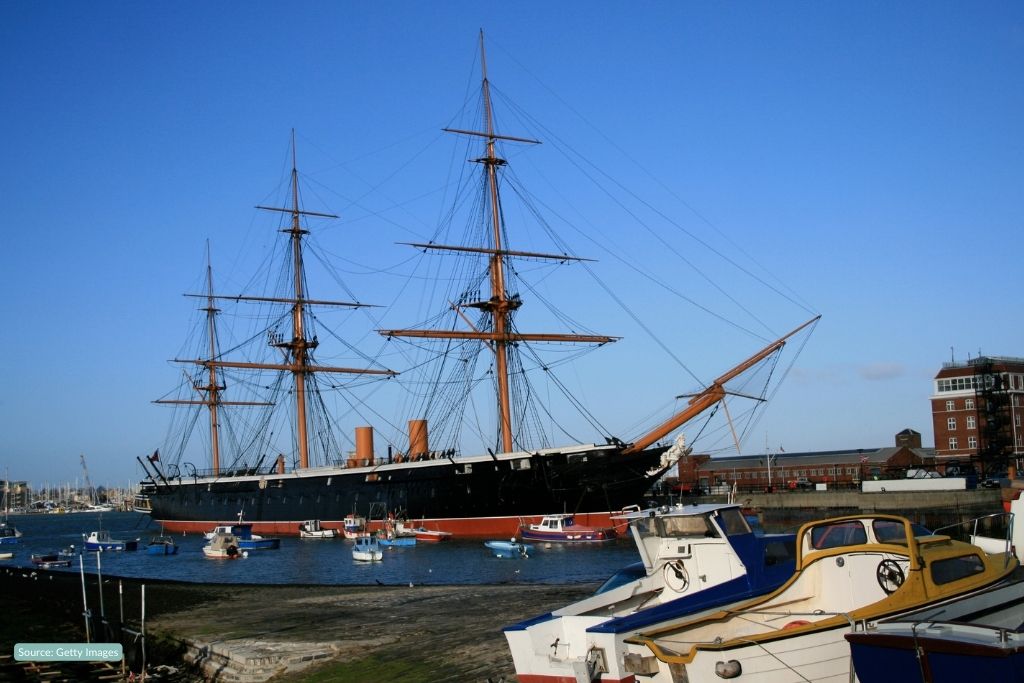 picture of HMS Warrior - a historic three mast sailing ship, located at the harbor in Portsmouth
