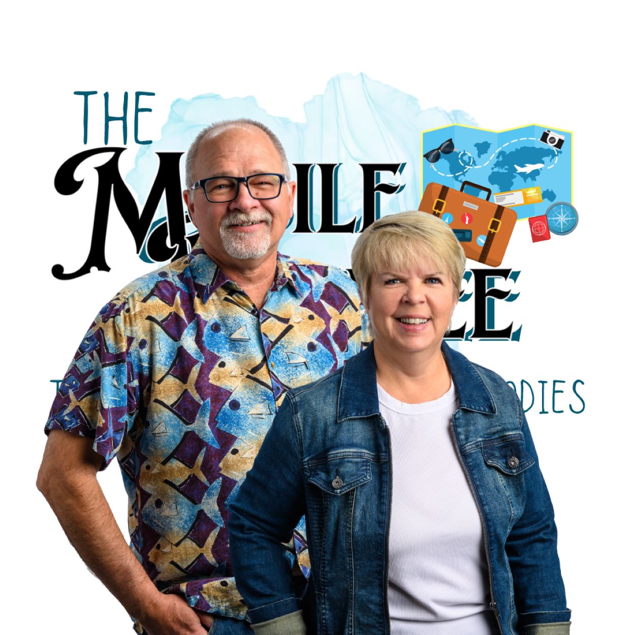 picture of Jeff and Sandra, full time global retirement travelers, in front of the logo for TheMobileRetiree.com