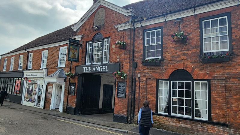 Our photo of the facade of the Angel Inn at Andover, England