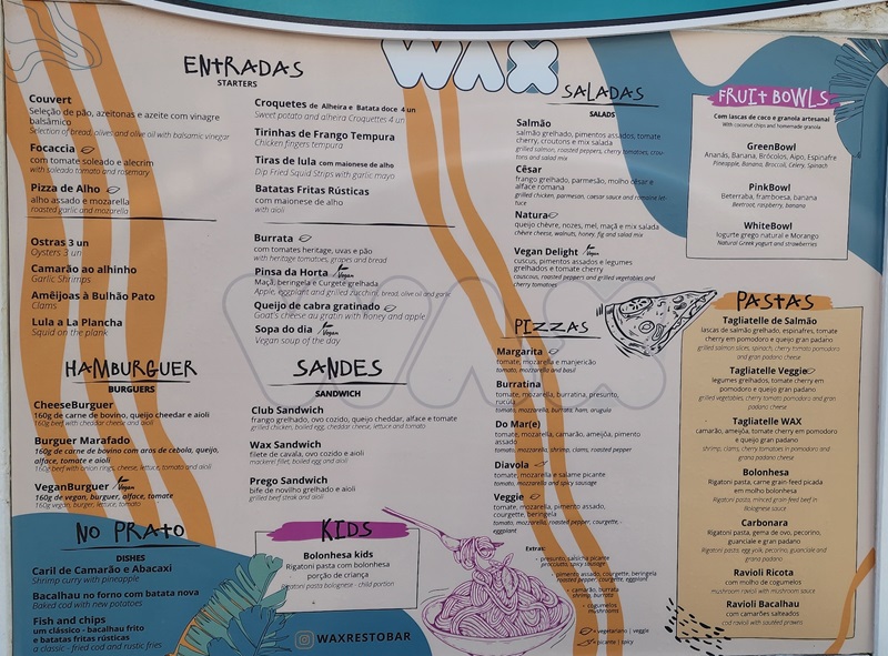 picture of a menu board at Wax - praia de faro